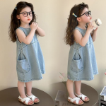 【90-140cm】ワンピース 女の子 無地 デニム ノースリーブ
