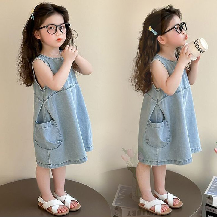 683921cc018a4894360176.png 【90-140cm】ワンピース 女の子 無地 デニム ノースリーブ - 画像 (1)
