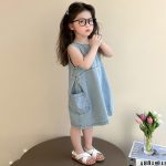 【90-140cm】ワンピース 女の子 無地 デニム ノースリーブ - 画像 (4)