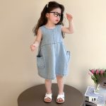 【90-140cm】ワンピース 女の子 無地 デニム ノースリーブ - 画像 (6)
