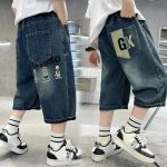 【110-160cm】デニム ショートパンツ 男の子 アルファベット カートゥーン プリント
