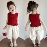 【80-150cm】セットアップ 女の子 無地 刺繍 ノースリーブ