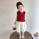 【80-150cm】セットアップ 女の子 無地 刺繍 ノースリーブ - 画像 (4)
