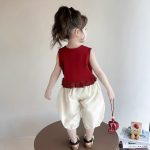 【80-150cm】セットアップ 女の子 無地 刺繍 ノースリーブ - 画像 (6)