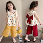 【80-140cm】セットアップ 女の子 リボン ノースリーブ ドット柄
