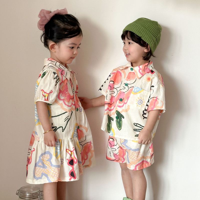 69801faed8d11252178885.jpg 【80-150cm】セットアップorワンピース 兄弟姉妹 折り襟 プリント - 画像 (1)