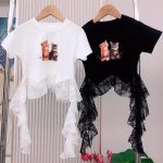 【110-160cm】半袖 トップス Tシャツ 女の子 レース カートゥーン ネコ柄 しっかり - 画像 (6)