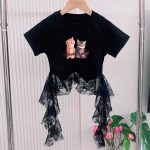 【110-160cm】半袖 トップス Tシャツ 女の子 レース カートゥーン ネコ柄 しっかり - 画像 (8)