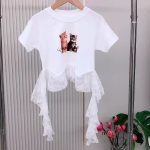 【110-160cm】半袖 トップス Tシャツ 女の子 レース カートゥーン ネコ柄 しっかり - 画像 (9)