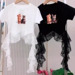 【110-160cm】半袖 トップス Tシャツ 女の子 レース カートゥーン ネコ柄 しっかり