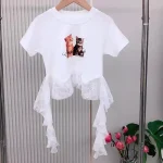 【110-160cm】半袖 トップス Tシャツ 女の子 レース カートゥーン ネコ柄 しっかり - 画像 (3)