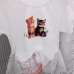 【110-160cm】半袖 トップス Tシャツ 女の子 レース カートゥーン ネコ柄 しっかり - 画像 (4)