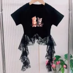 【110-160cm】半袖 トップス Tシャツ 女の子 レース カートゥーン ネコ柄 しっかり - 画像 (5)