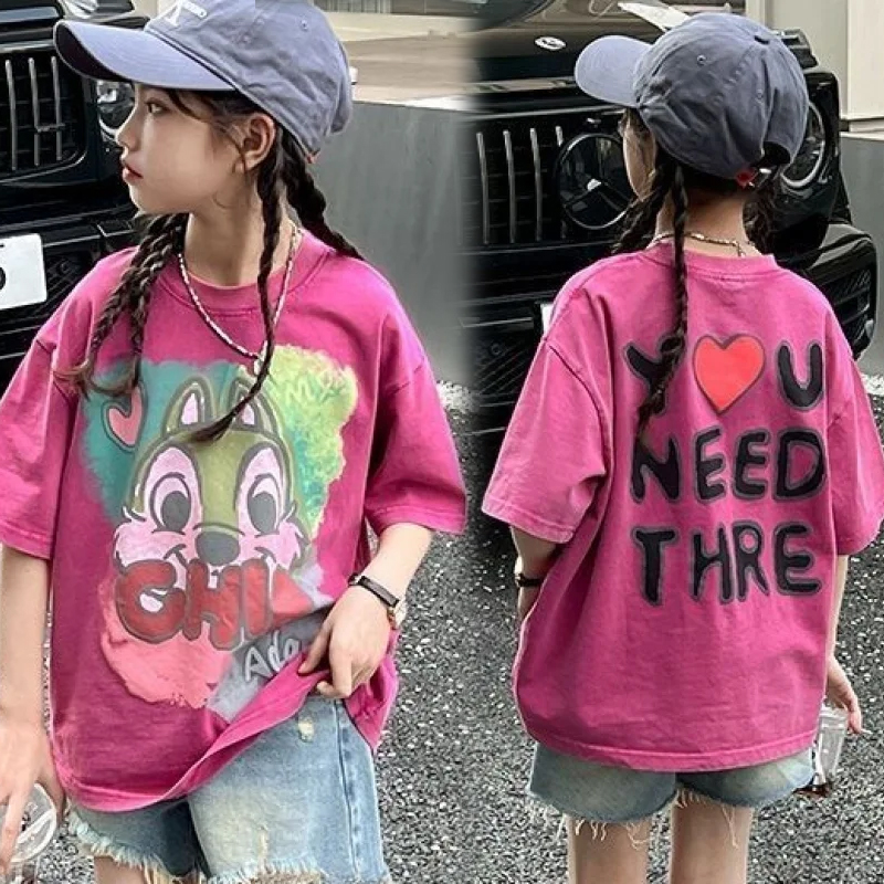 69bb93e09916d306393997.jpg 【100-160cm】 半袖Tシャツ 女の子 プリント カートゥーン - 画像 (1)