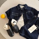 【90-150cm】セットアップ 男の子 デニム 無地 シャッツ＋ショートパンツ - 画像 (2)