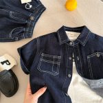 【90-150cm】セットアップ 男の子 デニム 無地 シャッツ＋ショートパンツ - 画像 (3)
