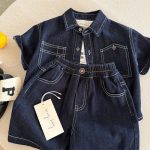 【90-150cm】セットアップ 男の子 デニム 無地 シャッツ＋ショートパンツ - 画像 (4)