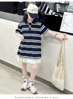 【100-150cm】半袖 ワンピース  女の子 ボーダー  Aライン 切り替え カジュアル - 画像 (9)