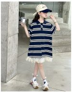 【100-150cm】半袖 ワンピース  女の子 ボーダー  Aライン 切り替え カジュアル - 画像 (10)