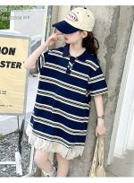 【100-150cm】半袖 ワンピース  女の子 ボーダー  Aライン 切り替え カジュアル - 画像 (13)