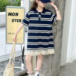 【100-150cm】半袖 ワンピース  女の子 ボーダー  Aライン 切り替え カジュアル - 画像 (3)