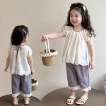 【90-140cm】セットアップ 女の子 レース 半袖 ブラウス チェック柄 9分丈 ワイドパンツ - 画像 (3)