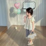 【90-140cm】セットアップ 女の子 レース 半袖 ブラウス チェック柄 9分丈 ワイドパンツ - 画像 (4)