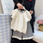 【90-140cm】セットアップ 女の子 レース 半袖 ブラウス チェック柄 9分丈 ワイドパンツ - 画像 (5)