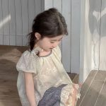 【90-140cm】セットアップ 女の子 レース 半袖 ブラウス チェック柄 9分丈 ワイドパンツ - 画像 (7)