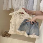 【90-150cm】キャミソールorショートパンツorセットアップ 女の子 透かし編み ノースリーブ