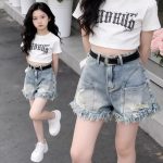 【100-170cm】デニム ショートパンツ 女の子 アルファベット ファッション ダメージ加工 - 画像 (6)