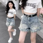 【100-170cm】デニム ショートパンツ 女の子 アルファベット ファッション ダメージ加工