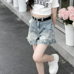【100-170cm】デニム ショートパンツ 女の子 アルファベット ファッション ダメージ加工 - 画像 (3)