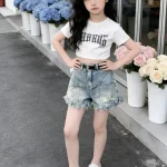 【100-170cm】デニム ショートパンツ 女の子 アルファベット ファッション ダメージ加工 - 画像 (4)