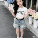 【100-170cm】デニム ショートパンツ 女の子 アルファベット ファッション ダメージ加工 - 画像 (5)
