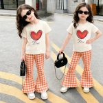 【100-150cm】セットアップ 女の子 おしゃれ 半袖 Tシャツ チェック柄 フレアパンツ お出かけ 通学 日常着 - 画像 (3)