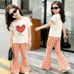 【100-150cm】セットアップ 女の子 おしゃれ 半袖 Tシャツ チェック柄 フレアパンツ お出かけ 通学 日常着 - 画像 (4)