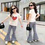 【100-150cm】セットアップ 女の子 おしゃれ 半袖 Tシャツ チェック柄 フレアパンツ お出かけ 通学 日常着 - 画像 (6)