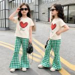 【100-150cm】セットアップ 女の子 おしゃれ 半袖 Tシャツ チェック柄 フレアパンツ お出かけ 通学 日常着 - 画像 (7)