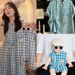 【66-150cm+親サイズ】ワンピース 親子ペア チェック柄 折り襟