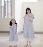 【80-150cm+親サイズ】トップスorワンピースorショートパンツ 親子ペア ストライプ カジュアル - 画像 (4)