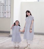 【80-150cm+親サイズ】トップスorワンピースorショートパンツ 親子ペア ストライプ カジュアル - 画像 (3)