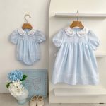 【66-130cm】ロンパースorワンピース ブルーフラワー刺繡 姉妹服