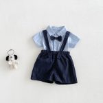 【73-100cm】セットアップ ベビー リボン付き シャツ&オーバーオール - 画像 (2)