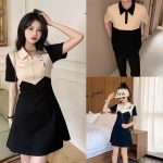【80-150cm+親サイズ】ワンピースorトップス 親子ペア 配色切り替え 折り襟 - 画像 (4)