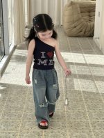 【90-140cm】トップスorパンツ 女の子 ストーン付き ダメージジーンズ - 画像 (2)