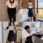 【80-150cm+親サイズ】ワンピースorトップス 親子ペア 配色切り替え 折り襟 - 画像 (2)