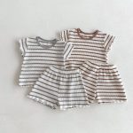【80-130cm】セットアップ キッズ服 ボーダー ワッフル - 画像 (2)