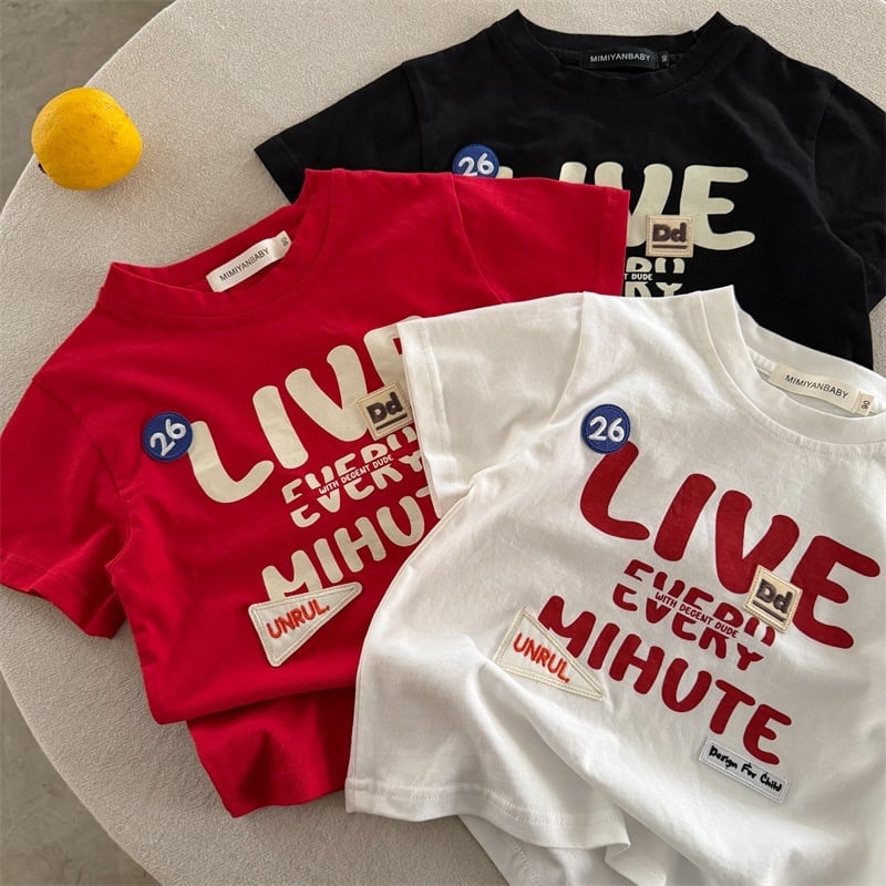 a2d5c576c74d5b3b8699708031d29a51.jpg 【90-150cm】半袖Tシャツ キッズ服 パッチワーク ロゴプリント - 画像 (1)