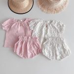 【73-120cm】セットアップ ベビー ポルカドットorチェック パフスリーブ - 画像 (2)